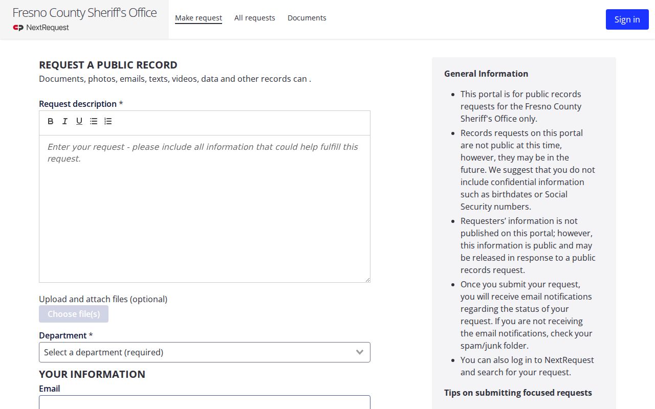 Fresno County Sheriff NextRequest public records request page