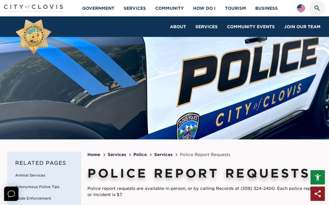 Clovis criminal history police report request page