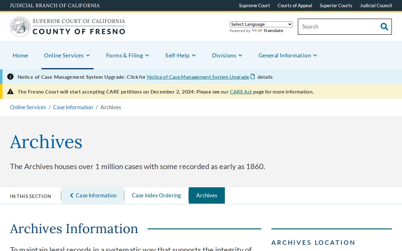 Fresno Superior Court Archives information page