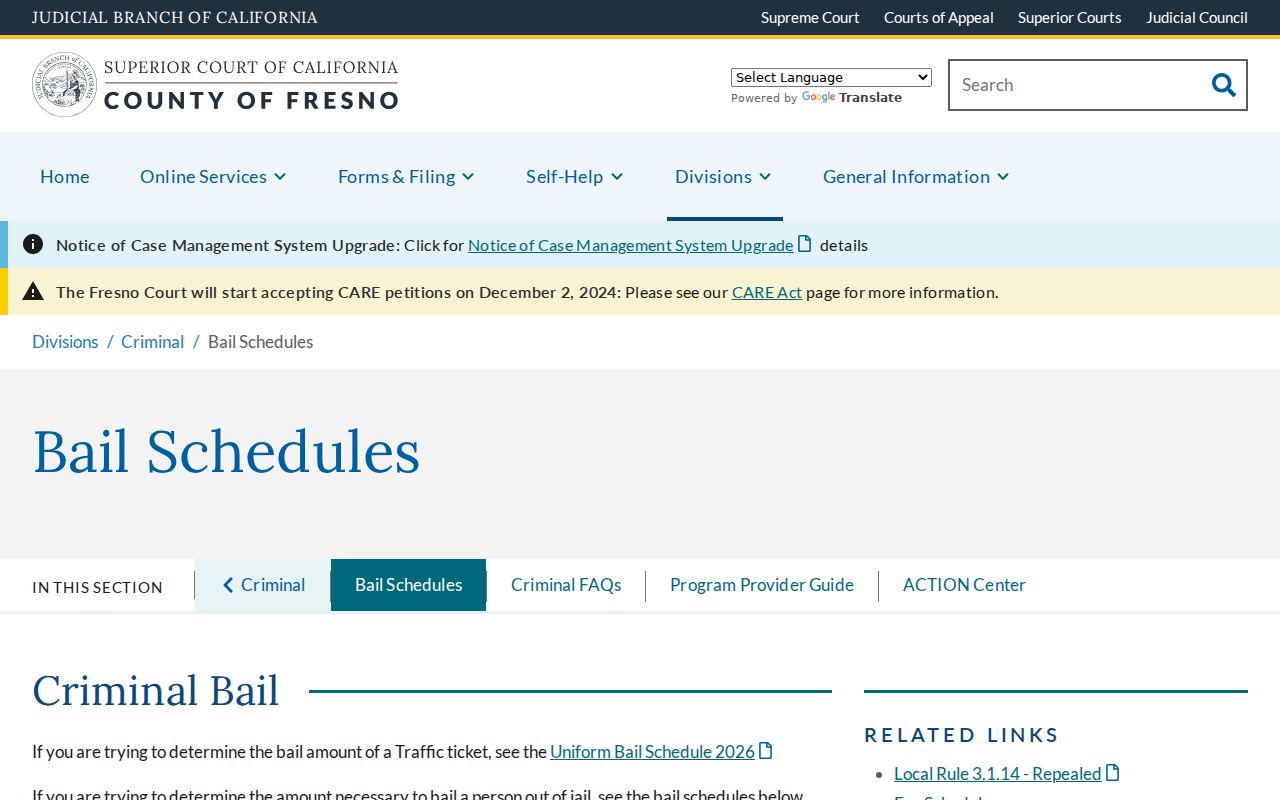 Fresno Superior Court criminal bail schedule page