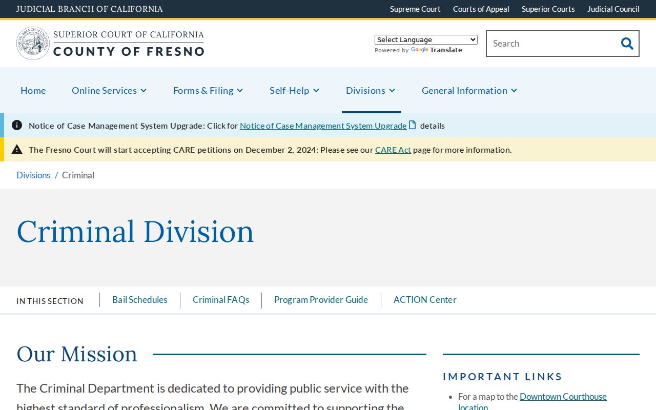 Fresno Superior Court Criminal Division page