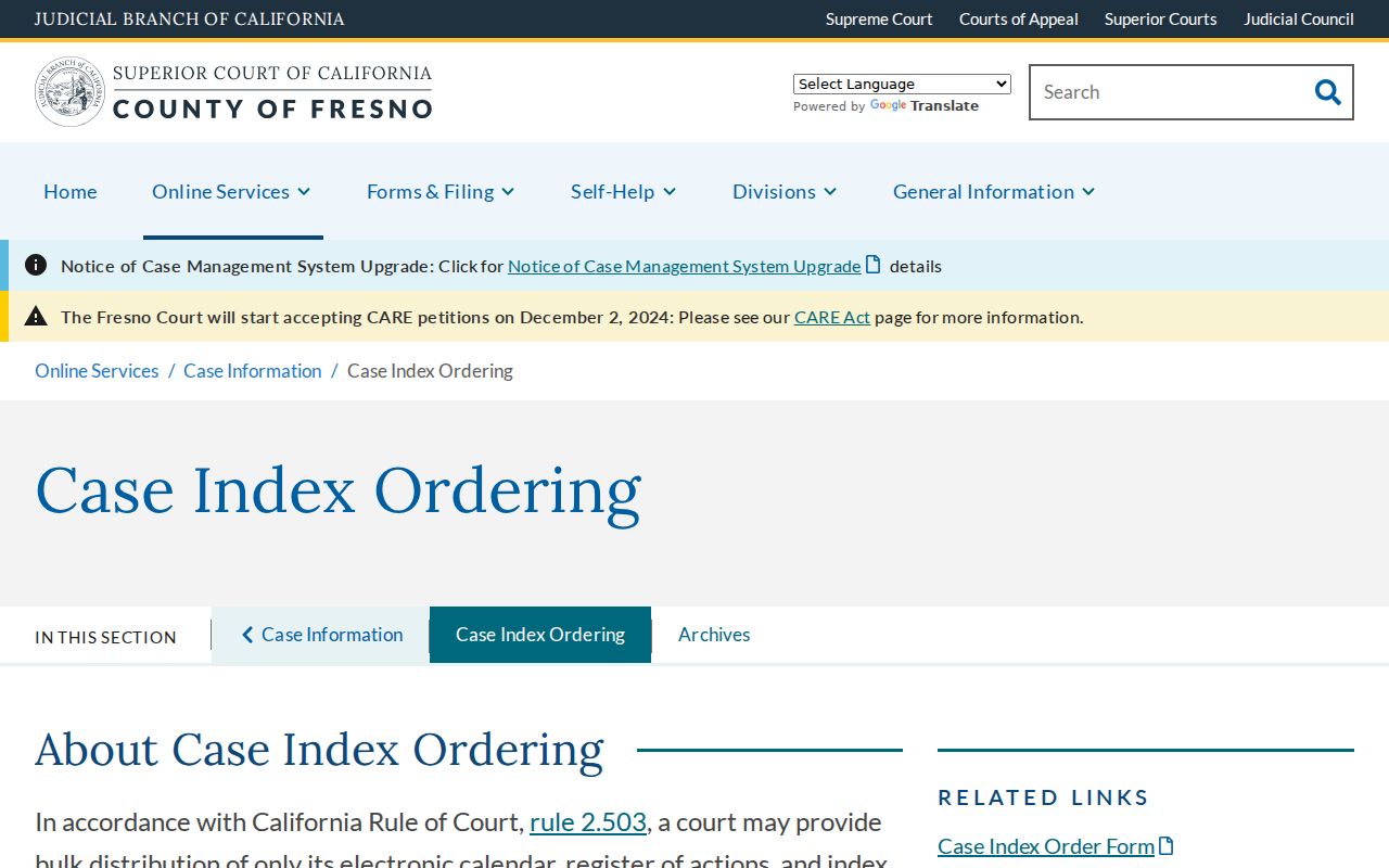 Fresno Superior Court case index ordering page