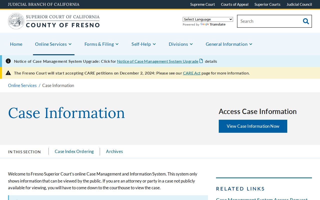 Fresno County criminal court case information page